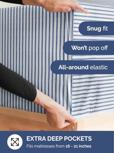 Extra Deep Pocket Twin XL Sheet Set - Breathable & Cooling - Blue Stripes