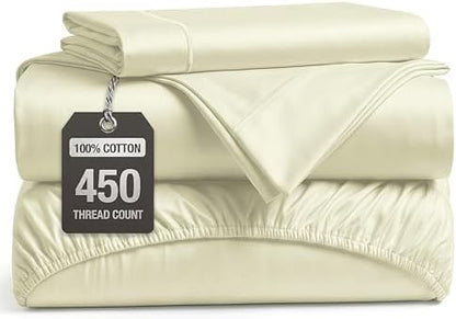 LANE LINEN 450TC Cotton Twin Sheets - Silky Smooth Sateen Weave, Ivory