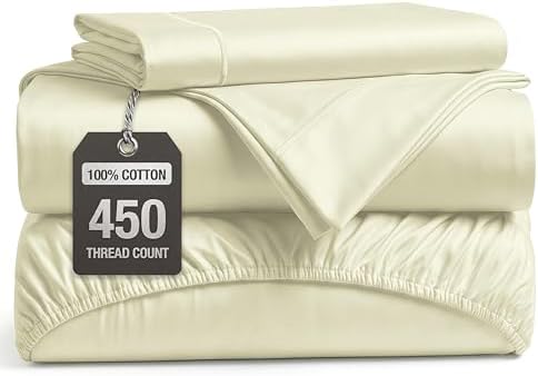 450TC 100% Cotton Twin XL Single Sheet Set - Silky Sateen Weave, Ivory