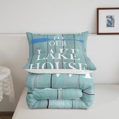 Lake House Comforter Set Full Size, Rustic Cabin Farmhouse Style Bedding Set 3pcs, Retro Wooden Plank Lake Theme Down Comforter for All Season, Kids Boys Girls Room Decor, 2 Pillowcases, No Sheets