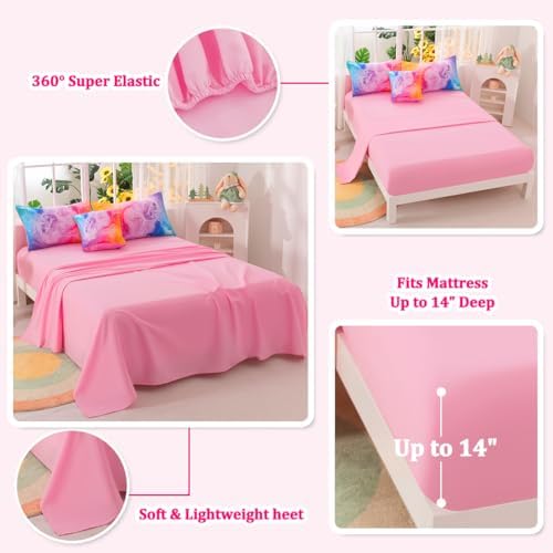 Girls Full Bedding Sets, 6 Pcs Pink Full Szie Comforter Set with Sheets, Watercolor Marble Abstract Art Superior Bedding Set for Girls