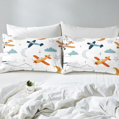 Kids Hand Drawn Airplane Comforter Set Queen Size for Child Boys Girls Room Decor,Cartoon Starry Moon Cloud Bedding Set,Teens Sky Flying Transport Plane Quilt Set White Vivid Duvet Insert 3pcs