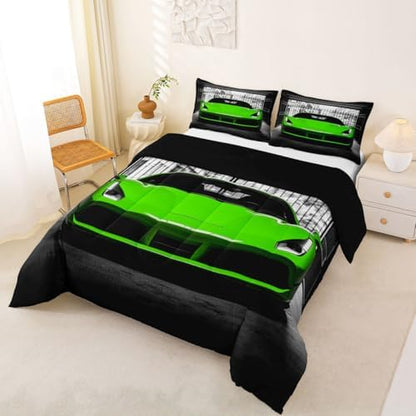 Feelyou Boys Green Race Car Comforter Set Full Size Green Luxury Car Bedding Set for Kids Boys Girls Extreme Sports Duvet Quilt Fast and Furious Bedroom Decor 3 Pcs with 2 Pillow Cases