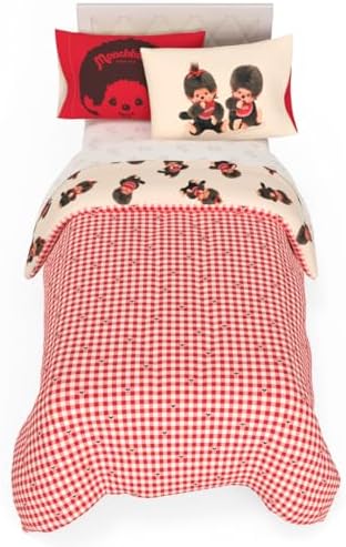 Monchhichi Bedding 5 Piece Twin Bed Set, Soft Cozy Nostalgia Reversible Comforter and Sheet Set with Sham, Officially Licensed Product By Franco
