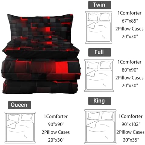 Nttopship Neon Red Black Comforter Set King Geometric Kids Bedding Set,3 PCS Geometry Honeycomb Bed Set Modern Quilt Set 1 Comforter 2 Pillow Cases Cool Room Decor All Season B-Side Black