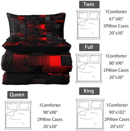 Nttopship Neon Red Black Comforter Set King Geometric Kids Bedding Set,3 PCS Geometry Honeycomb Bed Set Modern Quilt Set 1 Comforter 2 Pillow Cases Cool Room Decor All Season B-Side Black