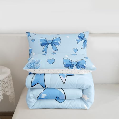 jejeloiu Bowknot Kids Comforter Set Toddler Size Bow Bedding Set Blue Duvet Quilt for Kids Boys Girls Bedroom Cute Bow-tie Decor Microfiber Ultra Soft Breathable