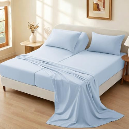 P Pothuiny 5-Piece Split King Sheets Set, Light Blue Soft Microfiber Fabric