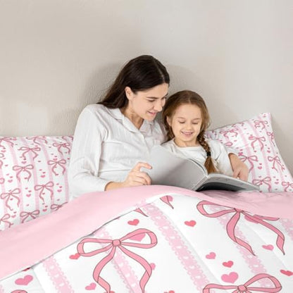 Castle Fairy Cute Pink Bows Comforter Set Queen Size,Dreamy Princess Style Down Alternative Adults Room Decor,Romantic Pink Ribbon Ultra Soft Microfiber Inner Fill 3Pcs Bedding