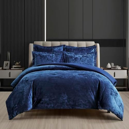 Fredsure Distressed Velvet Comforter Set, 5 Pieces Navy King, Distressed Velvet Face and Brushed Microfiber Reverse