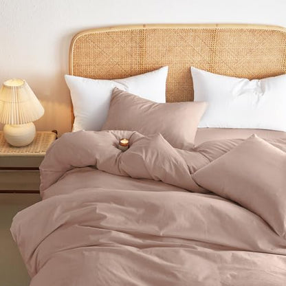 Wake In Cloud - Cotton Duvet Cover Set, 100% Washed Cotton, Linen Like Textured, Breathable Durable Comfy Farmhouse Neutral Bedding Set, 3 Pieces, Dusty Pink, Queen Size