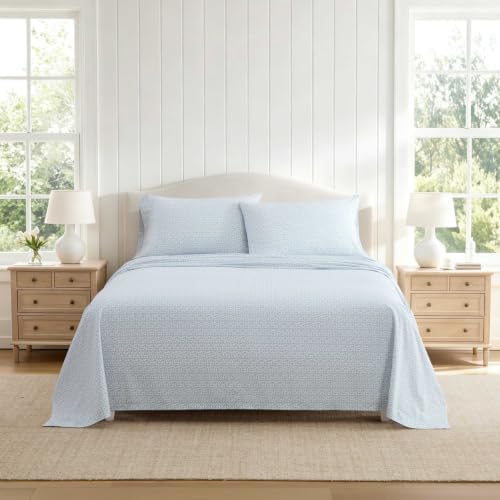 Martha Stewart - King Sheet Set with Fitted Sheet & Pillowcases, Cotton Percale Bedding with a Smooth Feel, Deep Pocket, Leaves Blue