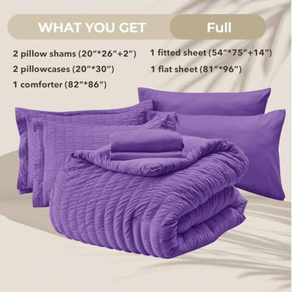 HYMOKEGE Bright Purple Full Size Comforter Sets Seersucker 7 Pieces, All Season Luxury Bed in a Bag for Bedroom, Bedding Set with Comforter, Sheets, Pillowcases & Shams