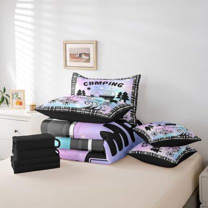 Erosebridal Happy Camping 7 Pcs Comforter Set Twin,Camper Accessories Bedding Set for Kids Boys Teens,Ultra Soft Black Sketch Drawing Bed in a Bag,Retro Farmhouse Travel Car Quilted Comforter