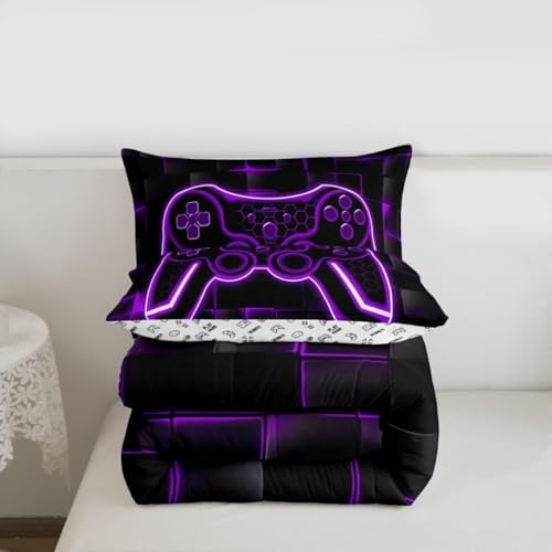 Feelyou Kids Gamer Comforter Set Queen Size Purple Black Bedding Set Boys