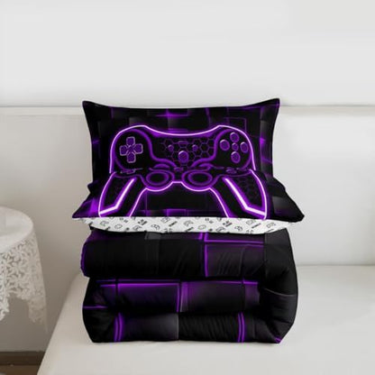 Feelyou Kids Gamer Comforter Set Queen Size Purple Black Bedding Set Boys