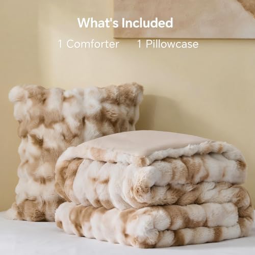 BEDELITE Tie Dye Faux Fur Comforter Set Twin,Thick Winter Comforter,Beige