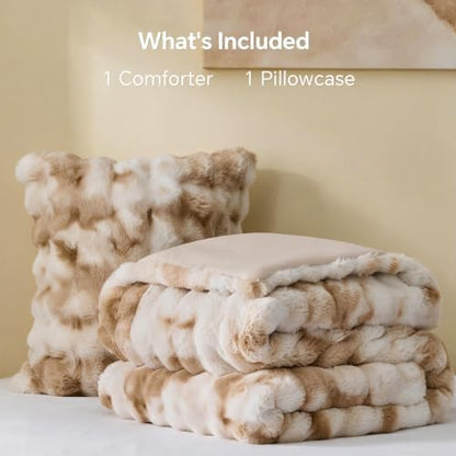 BEDELITE Tie Dye Faux Fur Comforter Set Twin,Thick Winter Comforter,Beige