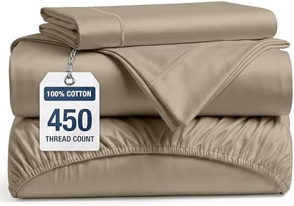 LANE LINEN 450TC Cotton Twin Sheets - Silky Smooth Sateen Weave, Taupe