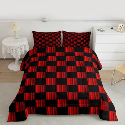 Feelyou Checkered Bedding Set for Boys Girls Abstract Ombre Comforter Set King Size Modern Geometric Red Black Duvet Quilt Cute Neutral Aesthetic Plaid Bedroom Decor 3 Pcs with 2 Pillow Cases