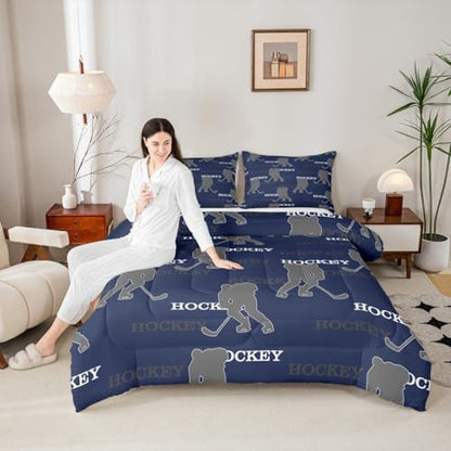 Manfei Hockey Players Kids Comforter Set Queen Size, Bedding Set,Girls Boys Room Decor,Competitive Games Teamwork Quilt Comforter,Dark Blue Gray Duvet Set Bedroom Quilt Set,2 Pillowcases