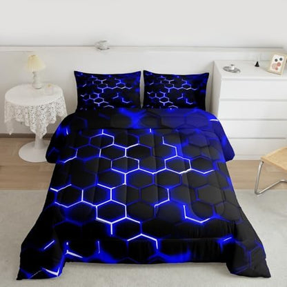 Erosebridal Honeycomb Comforter Set Neon Light Geometric Bedding Set Full for Kids Boys Teens,Hexagonal Bedding Comforter Sets Soft Microfiber Quilt Set 2 Pillow Cases Blue Black Room Decor