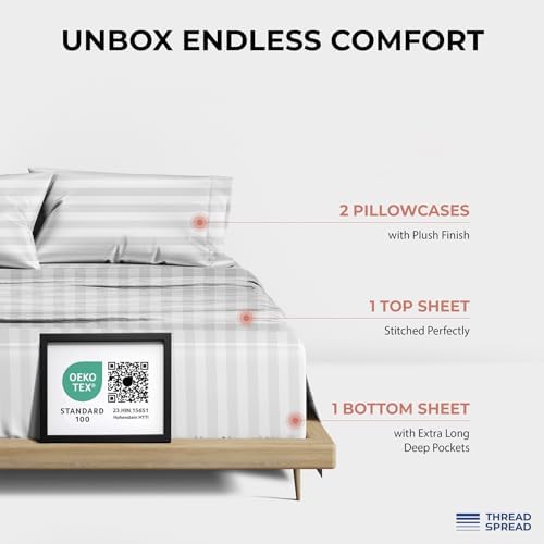 THREAD SPREAD 100% Egyptian Cotton Sheets Queen Size - 1200 Series Plush Collection Damask Sheet Set Egyptian Cotton (4 PC, White Stripe), Sateen Luxury Sheet Queen Size, 17" Deep Pocket