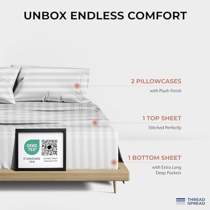 THREAD SPREAD 100% Egyptian Cotton Sheets Queen Size - 1200 Series Plush Collection Damask Sheet Set Egyptian Cotton (4 PC, White Stripe), Sateen Luxury Sheet Queen Size, 17" Deep Pocket