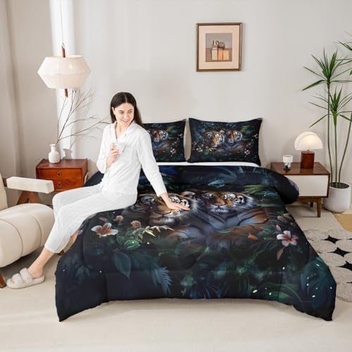 Couple Tiger Kids Comforter Set Twin Size,Floral Palm Leaf Tropical Plant Botanical Bedding Set,Girls Boys Room Decor,Wild Animal Tiger Fur Quilt Comforter,Brown Rustic Duvet Insert,1 Pillowcase