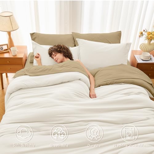 MUXHOMO 7 Pieces Oversized Queen Comforter Set, Soft Bed in a Bag Oversized Queen Size, All Season Bedding Set with Comforter, Flat Sheet, Fitted Sheet, Pillowcases & Shams, Ivory & Khaki