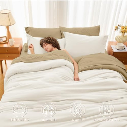 MUXHOMO 7 Pieces Oversized Queen Comforter Set, Soft Bed in a Bag Oversized Queen Size, All Season Bedding Set with Comforter, Flat Sheet, Fitted Sheet, Pillowcases & Shams, Ivory & Khaki