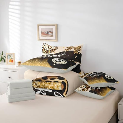 Erosebridal Y2K Lucky 8 Ball Twin Bedding Set 7 Piece for Boys Girls Preppy Fashion Leopard Bowknot Comforter Set for Kids Adults,Golden Glitter Print Bed in A Bag Funky Trendy Aesthetic Bed Set