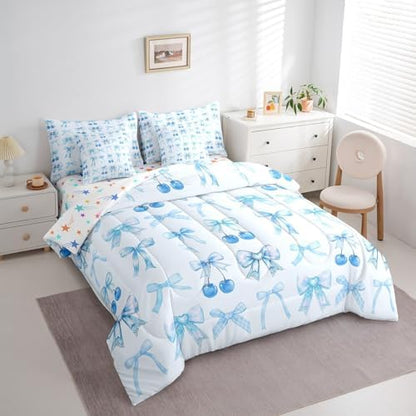 Erosebridal Blue Cherry Bow Queen Comforter Set with Sheets Cute Silk Ribbon Bowknot 7 Piece Bedding Set, Princess Bow Tie Dreamy Kawaii Bed in a Bag, Princess Room Decor Aesthetic