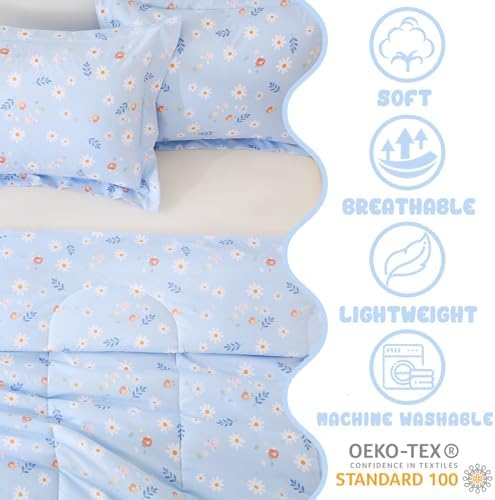 Yibeizi Blue Floral Comforter Set for Girls Kids Full Size Bedding