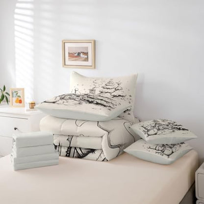 Erosebridal Christmas Tree 7 Pcs Comforter Set King, Hand Drawn Snowman Bedding for Kids Adults, Christmas House Winter Illustration Bed in A Bag Sheet Set, Grey Ball Bed Set