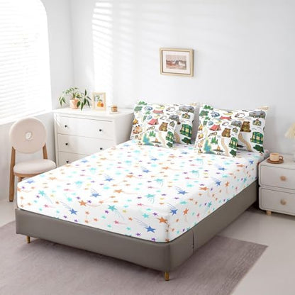 Erosebridal Camping Themed Bedding Set for Kids Teens,Camping Lover Comforter Set Twin Size,Cartoon Animal (Comforter+Fitted+Flat Sheet+2 Pillowcases+2 Throw Pillow Covers) 7 Pieces Bed Set