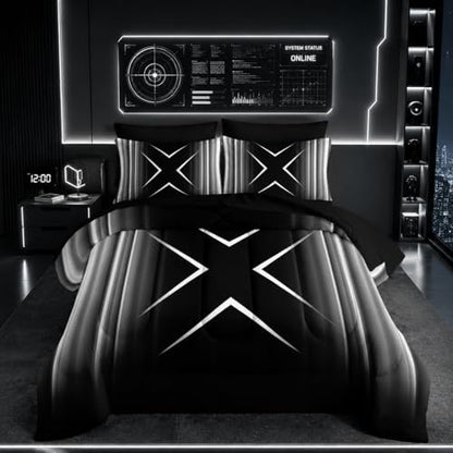 Nttopship Black and White Geometric Comforter Set Full Size 7Pieces,3D Abstract Mordern Printed Bedding Set for Adults,Geometric Mordern Decor All Seasons with Pillowcases,Flat, Fitted Sheet