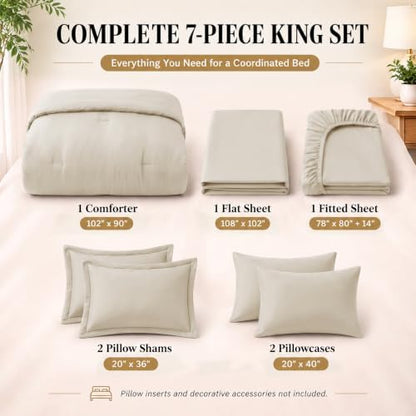 CozyLux King Size Comforter Set Beige, 7 Pieces Bed in a Bag