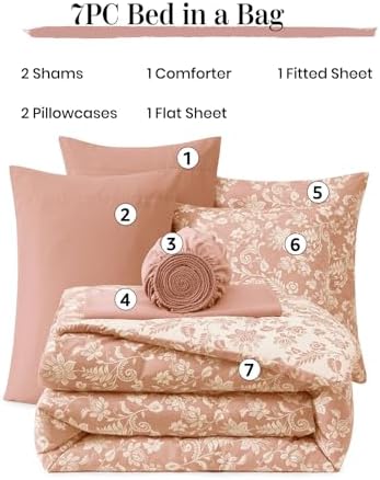 BLOOMHAVEN Full Size Comforter Sets-7 Pieces Pink Floral Bed in a Bag