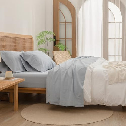 BESTOUCH Queen Washed Cotton Linen Feel Sheet Set 4 Pcs Cornflower Blue