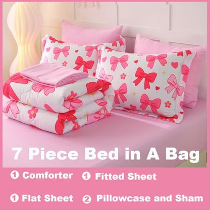 7 Piece Pink Bow Bedding Set for Girls Kids Full Size Bowknot Comforter Set Super Soft Cute Bed in a Bag Microfiber Lightweight Bed Set for Teens Room Decor