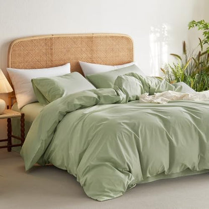Wake In Cloud - Cotton Duvet Cover Set, 100% Washed Cotton, Linen Like Textured, Breathable Durable Comfy Farmhouse Neutral Bedding Set, 3 Pieces, Sage Green, King Size