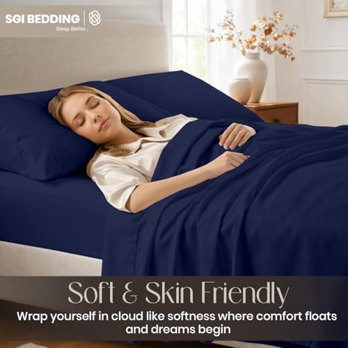 SGI bedding 100% Egyptian Cotton Sheets Queen Size – Cooling Sheets, Soft Breathable Navy Blue Bedding, Luxury Bedding, Luxury Hotel Sheet Set, Deep Pocket 16", 4 Piece Set