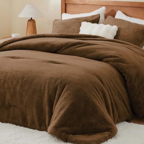 BEDELITE Faux Fur Twin Comforter Set Brown,Warm Bedding with 1 Pillowcase