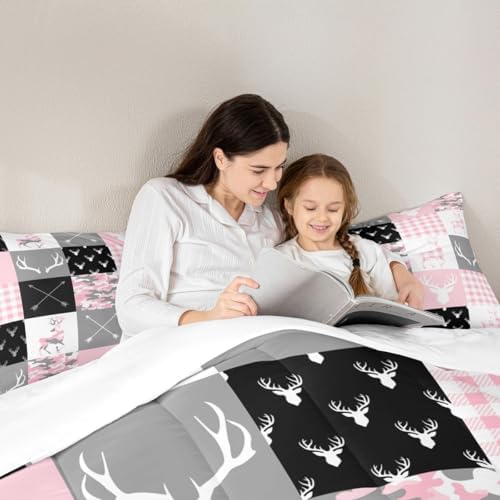 Pink Camo Kids Comforter Set Twin Size,Deer Antlers Silhouette Camouflage Bedding Set for Boys Girls New Year Xmas Decor,Wild Animals Hunting Down Comforter,Arrow Plaids Patchwork Quilt,1 Pillowcase
