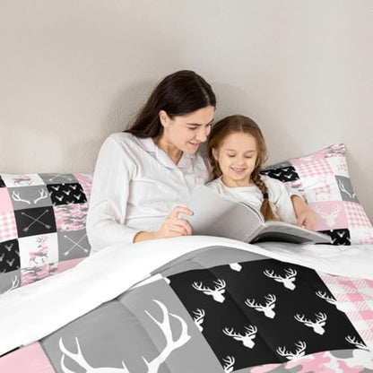 Pink Camo Deer Silhouette Kids Comforter Set King Size,Rustic Farmhouse Animals Hunting Bedding 3pcs for Boys Girls Room Decor,Antlers Boho Arrow Geometric Plaids Patchwork Duvet Insert,2 Pillowcases
