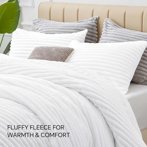 BEDELITE Fleece Oversized Queen Comforter Set, Fluffy Bed Set, Bright White