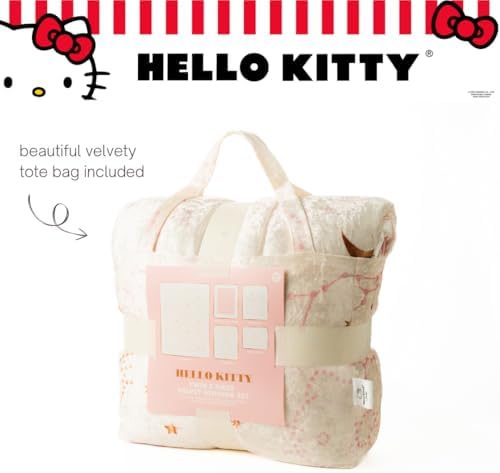 Lux Hello Kitty Velvet Bedding 7 Piece Super Soft Cozy Reversible Comforter and Sheet Set with Sham & Tote Bag, Full, (Officially Licensed Product) By Franco