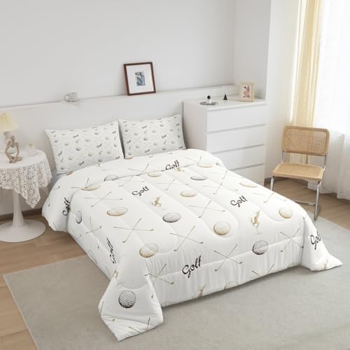 Golf Bedding Set King Size for Kids Teens Adults Men Home Room Decor,Ball Sports Game Lovers Comforter Set 3pcs,Gray Brown Sketch Golf Quilt Set Seasons Soft Duvet Insert with 2 Pillowcases