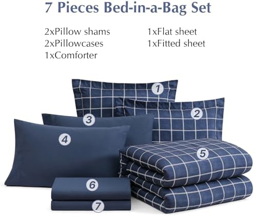 Plaid Full Size Comforter Set Dark Blue 7 Pieces Reversible Bed in a Bag
